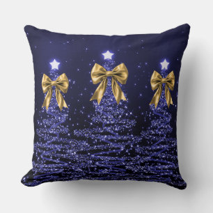 Christmas Sparkling Trees Navy Faux Gold Bow Cushion