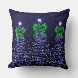 Christmas Sparkling Trees Navy Faux Green Bow Cushion