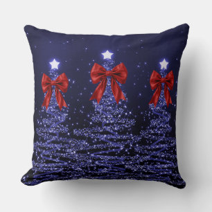Christmas Sparkling Trees Navy Faux Red Bow  Cushion