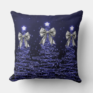 Christmas Sparkling Trees Navy Faux Silver Bow Cushion