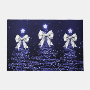Christmas Sparkling Trees Navy Faux Silver Bow Doormat