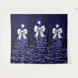 Christmas Sparkling Trees Navy Faux Silver Bow Tapestry