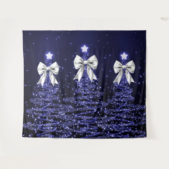 Christmas Sparkling Trees Navy Faux Silver Bow  Tapestry (Front (Horizontal))