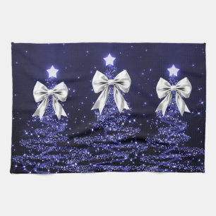 Christmas Sparkling Trees Navy Faux Silver Bow  Tea Towel