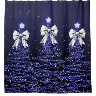 Christmas Sparkling Trees Navy Silver Faux Bow  Shower Curtain