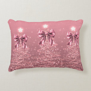 Christmas Sparkling Trees Pink Blush Faux Bow Decorative Cushion