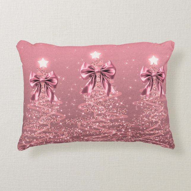 Christmas Sparkling Trees Pink Blush Faux Bow  Decorative Cushion (Front)