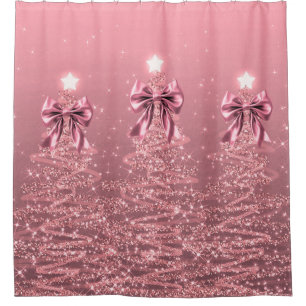Christmas Sparkling Trees Pink Blush Faux Bow Shower Curtain