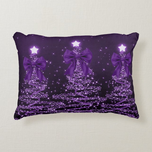 Christmas Sparkling Trees Purple Faux Bow  Decorative Cushion (Front)