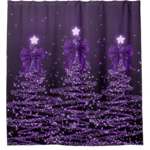Christmas Sparkling Trees Purple Faux Bow Shower Curtain