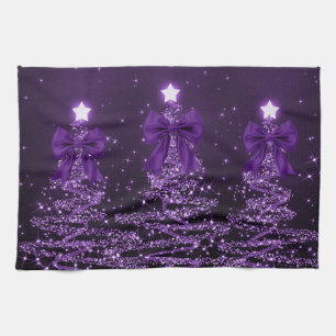 Christmas Sparkling Trees Purple Faux Bow  Tea Towel