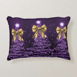 Christmas Sparkling Trees Purple Faux Gold Bow  Decorative Cushion