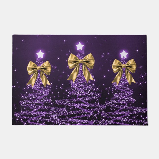 Christmas Sparkling Trees Purple Faux Gold Bow  Doormat (Front)