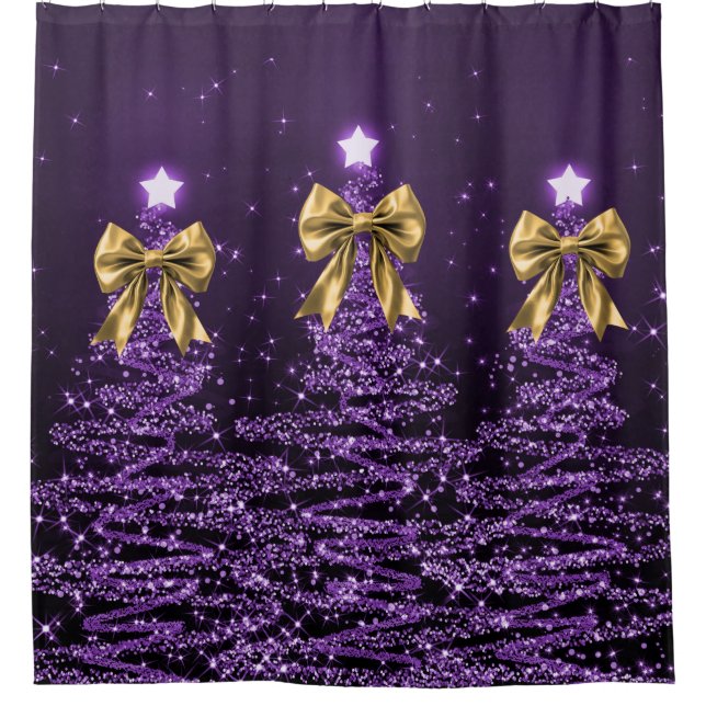Christmas Sparkling Trees Purple Faux Gold Bow  Shower Curtain (Front)