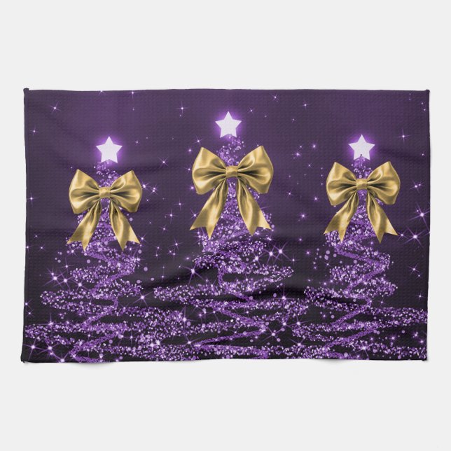 Christmas Sparkling Trees Purple Faux Gold Bow  Tea Towel (Horizontal)