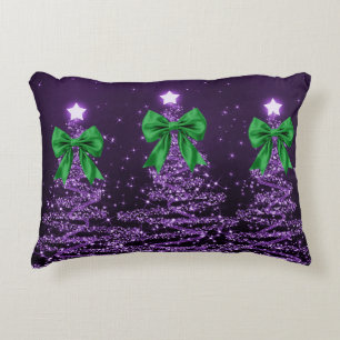 Christmas Sparkling Trees Purple Faux Green Bow Decorative Cushion