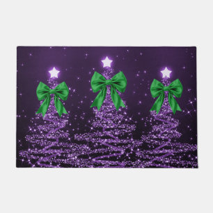 Christmas Sparkling Trees Purple Faux Green Bow Doormat