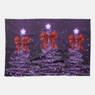 Christmas Sparkling Trees Purple Faux Red Bow Tea Towel