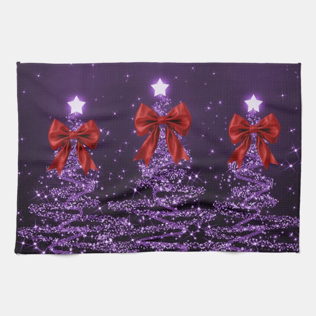 Christmas Sparkling Trees Purple Faux Red Bow  Tea Towel (Horizontal)