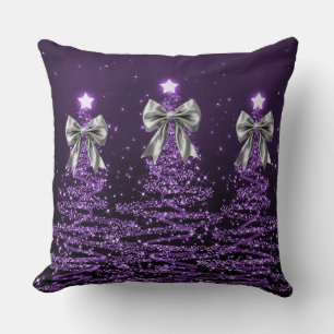 Christmas Sparkling Trees Purple Faux Silver Bow  Cushion