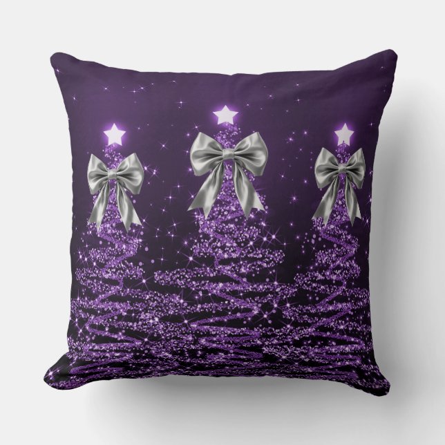 Christmas Sparkling Trees Purple Faux Silver Bow  Cushion (Front)