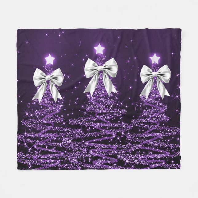 Christmas Sparkling Trees Purple Faux Silver Bow  Fleece Blanket (Front (Horizontal))