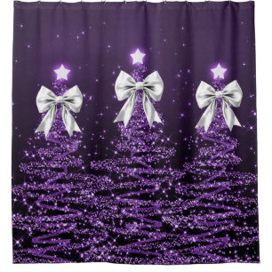 Christmas Sparkling Trees Purple Faux Silver Bow Shower Curtain