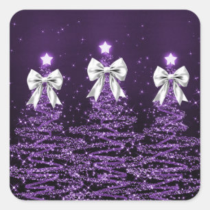 Christmas Sparkling Trees Purple Faux Silver Bow Square Sticker