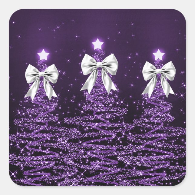 Christmas Sparkling Trees Purple Faux Silver Bow  Square Sticker (Front)