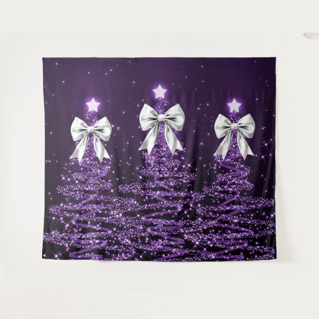 Christmas Sparkling Trees Purple Faux Silver Bow  Tapestry (Front (Horizontal))