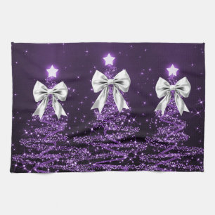 Christmas Sparkling Trees Purple Faux Silver Bow Tea Towel