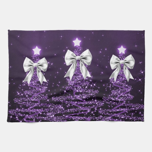 Christmas Sparkling Trees Purple Faux Silver Bow  Tea Towel (Horizontal)