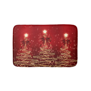 Christmas Sparkling Trees Red Gold Faux Bow Bath Mat