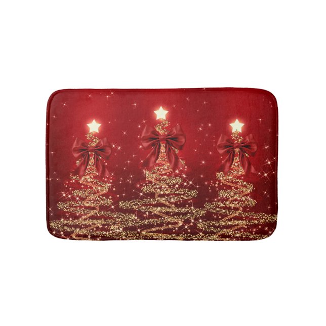 Christmas Sparkling Trees Red Gold Faux Bow  Bath Mat (Front)