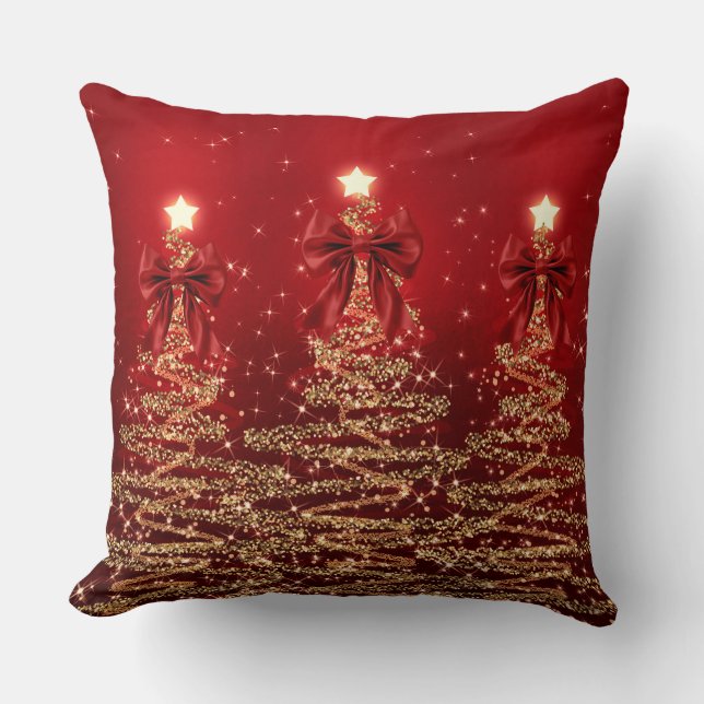 Christmas Sparkling Trees Red Gold Faux Bow  Cushion (Front)