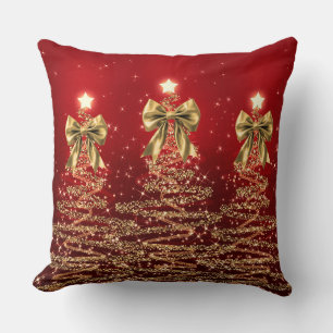 Christmas Sparkling Trees Red Gold Faux Bow Cushion