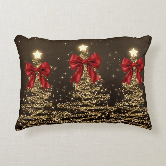 Christmas Sparkling Trees Red Gold Faux Bow  Decorative Cushion (Front)