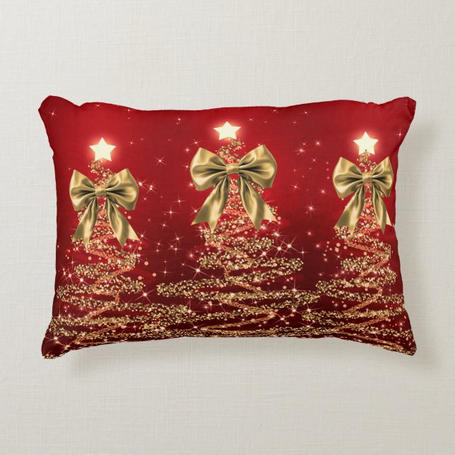 Christmas Sparkling Trees Red Gold Faux Bow  Decorative Cushion (Front)