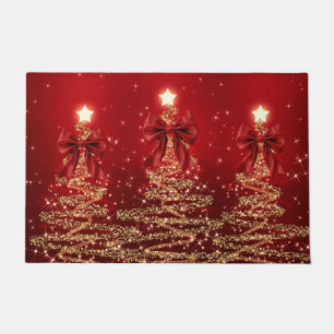 Christmas Sparkling Trees Red Gold Faux Bow Doormat