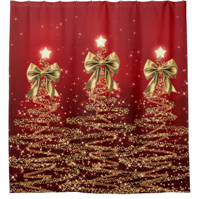 Christmas Sparkling Trees Red Gold Faux Bow  Shower Curtain (Front)