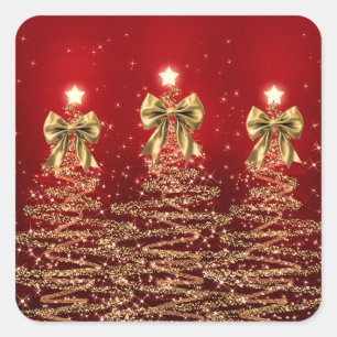 Christmas Sparkling Trees Red Gold Faux Bow Square Sticker