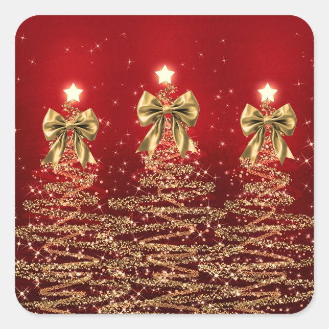 Christmas Sparkling Trees Red Gold Faux Bow  Square Sticker (Front)