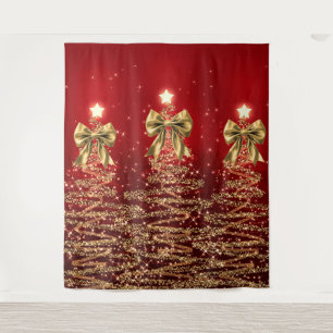 Christmas Sparkling Trees Red Gold Faux Bow  Tapestry