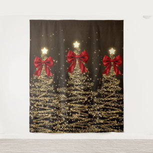 Christmas Sparkling Trees Red Gold Faux Bow Tapestry
