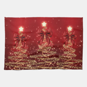 Christmas Sparkling Trees Red Gold Faux Bow Tea Towel