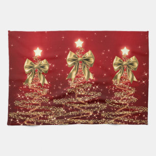 Christmas Sparkling Trees Red Gold Faux Bow Tea Towel