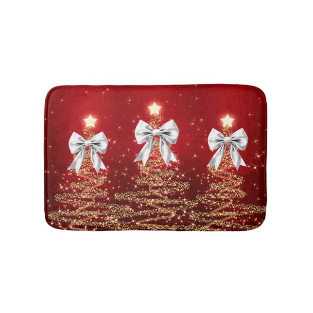Christmas Sparkling Trees Red Gold Silver Bow  Bath Mat (Front)