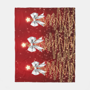 Christmas Sparkling Trees Red Gold Silver Bow Fleece Blanket