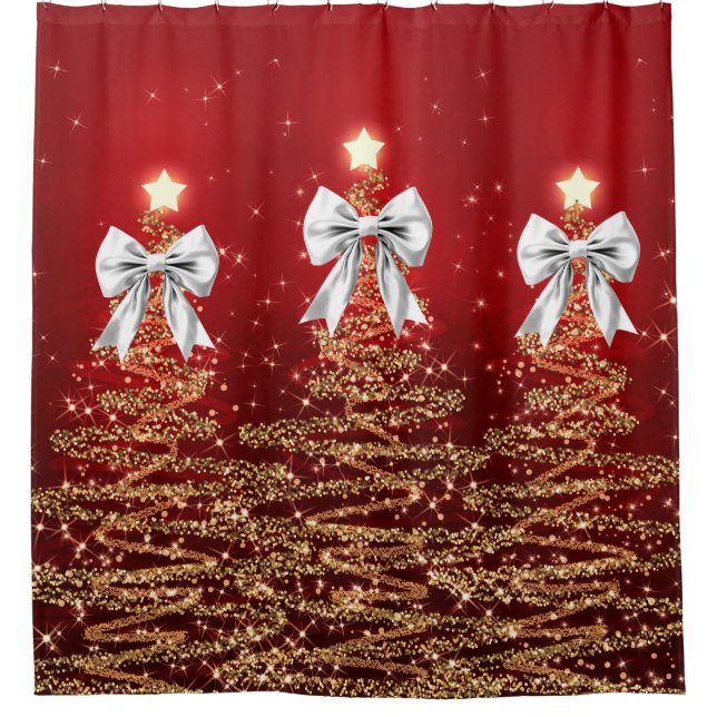 Christmas Sparkling Trees Red Gold Silver Bow  Shower Curtain (Front)