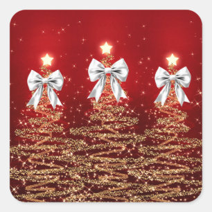 Christmas Sparkling Trees Red Gold Silver Bow Square Sticker